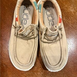 Hey Dude Tan Canvas Shoes with turquoise & orange accents.  Size M9/W11 euro 42